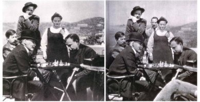 «За шахматной доской», апрель 1908 года, остров Капри, Италия. Стоят: М. Горький, З. Пешков и Н. Богданова. Сидят: И. Ладыжников, В. Ленин, А. Богданов. На фото 1939 года заретуширован Пешков и женское колено в правом нижнем углу.