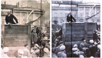Возле Большого театра в мае 1920 года. Ленин выступает с речью, а на ступенях справа стоит Троцкий, за которым частично виден Каменев. Фальсификация этой фотографии – один из первых и, безусловно, самый известный пример фоторетуши сталинской эпохи. Ещё при жизни Ленина снимок стал культовым, но исключённый из большевистской партии Троцкий и открыто критиковавший Сталина Каменев исчезли с этого кадра и не появлялись даже при Горбачёве.
