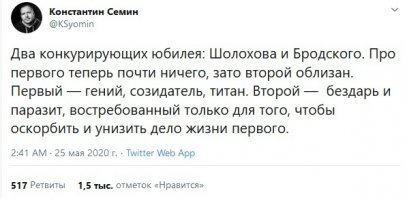 С одного фланга, с вместолевого, выходит мостоборец Костя, и заявляет, что «Власть восхваляет Бродского, чтобы унизить Шолохова».
И хомячки слева уже возмущены «УУУ! Какая плохая власть!».

 чего Костя взял, что Шолохова притесняют? Музей недавно отремонтирован, экскурсии водят, фильмы и передачи по телевидению показывают. Местные пишут, что губернатор читает отрывки из книг Шолохова по местному телевидению. Впрочем, когда это Костю волновала наша унылая реальность? В его повреждённой мостом голове есть своя, альтернативная.
И где связь? Где логика? Что общего между Шолоховым и Бродским? Один писатель, второй – поэт. Один мастер большой формы, второй писал стихи. Где конкуренция? В чём конфликт?
Это знают только тараканы в голове у Кости (или у того, кто писал ему методичку). На самом деле не важно, реальность их давно не интересует и для их целей вообще не важна. Ниже станет понятно, почему.

Практически одновременно с этим один питерский, кхм, «предприниматель» делает провокацию, создавая картинку с Бродским на стене.
разу скажу, что это не граффити и не «фреска», а «переводная картинка», когда на специальном принтере распечатывают фотографию и потом переводят её на стену. Это вам не Бэнкси. Художественная ценность подобной «фрески» нулевая.

И тут есть ещё два нюанса, о которых неполживые СМИ вам не расскажут:

1. Стена не простая, а ПОСОЛЬСТВА Финляндии (если я правильно по карте посмотрел).
2. Рядом расположена ШКОЛА. И фотография с СИГАРЕТОЙ – это заведомая провокация.

Естественно, данную фотографию оперативно закрашивают. 
Что провокаторами и ожидалось. 
Потому что они не только засняли процесс закрашивания и выложили его в интернет, но и на месте старой фотографии буквально через пару часов размещают следующий рисунок, ЗАРАНЕЕ ЗАГОТОВЛЕННЫЙ, на этот раз с Путиным.

И хомячки - навальнисты справа возмущенно гудят «УУУ! Какая плохая власть!». 
Идиоты лемминги, впрочем как всегда. 
Для их же блага им надо общественных работ на картошке - пару сезонов, а то кризис на носу, как выживут, не дай Бог им оказаться в ситуации реальной гражданской войны, там то знания об отличии серии айфонов будут ну ОЧЕНЬ полезны.

Дальше также заранее заготовленные трафареты со слезливыми надписями «На этом месте был жестоко расстрелян кровавым тираническим НКВД портрет Бродского» (и Путин, и надписи есть на картинке выше).

И, соответственно, либерда и часть примкнувших к ним оппозиционных монархистов/националистов подвывает «Власть травит великого поэта!».

Вы уже поняли суть фокуса?
Бродский плохой – власть плохая.
Бродский хороший – власть плохая.

Классическое гопницкое «Почему в шапке?! Почему без шапки?!».
Причём власть может что-то делать, или ничего не делать – это вообще не имеет значения.

Если вы играете по их правилам, то вам не оставляют выбора. В любом случае вам навязывают «власть плохая».

Правые или левые, монархисты, псевдокоммунисты, националисты или либералы – не важно.
Как говорил Захар Прилепин в известном видео «Главное, чтобы все эти колонны потом вместе вышли на Болотную».

А при чём тут Бродский? 
Да плевать на него и тем, и другим – он только повод. 
Завтра о нём все забудут и найдут следующий повод нагнетать недовольство хомяков. 

Иначе хозяева не заплатят. 
На что же деточек учить в США?
Смилуйтесь - подайте не системной оппозиции!