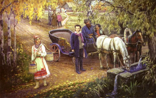 интересно, при чем тут Пушкин и чувашская деревня? /в картине чувашки изображены/. Пушкин не мог владеть чувашской деревней ибо они не были крепостными.