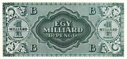 Это далеко не самые крупные банкноты. В послевоенной Венгрии инфляция довела до банкнот номиналом секстиллион пенгё. Где же секстиллион? Обратите внимание, деньги называются б.пенгё, то есть, биллионы пенгё (в венгерской системе биллион - это наш триллион).
Правда, в оборот эта денежка не успела попасть, в ходу были только 100 млн. б.пенгё.
Параллельно существовали адопенгё (специальные деньги для налоговой и правительства). Максимальная банкнота 10 млн адопенгё соответствовала 20 октиллионам (20х10е28) "простых" пенгё (4,35 американских цента).
Пришедшие на смену форинты обменивали по курсу 1 к 400 октиллионов пенгё.