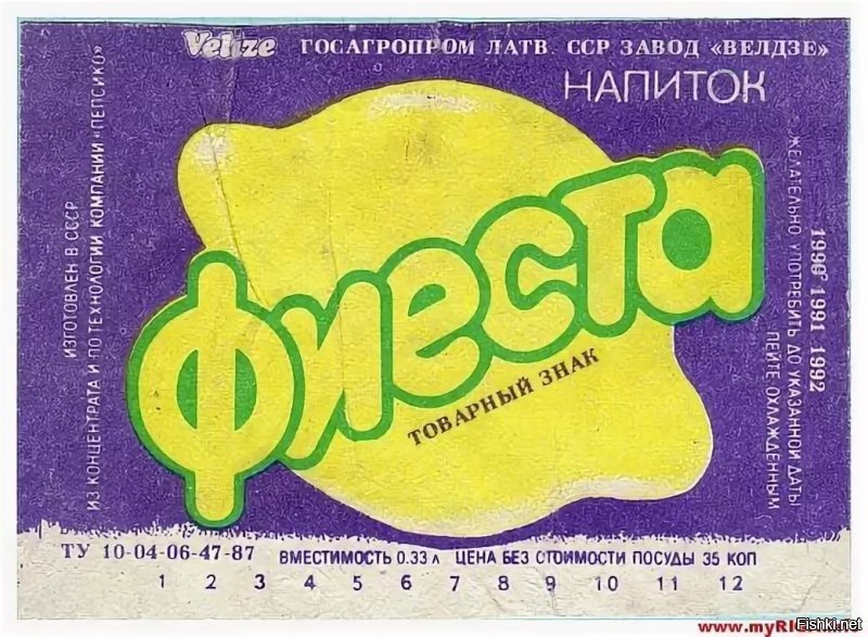Что-то про "Фиесту " никто не вспоминает.А ведь на курортах Кавказа её полно было в 0,33 бутылках.Странно,что ни один поисковик не даёт фото бутылки,только этикетки разных комбинатов.