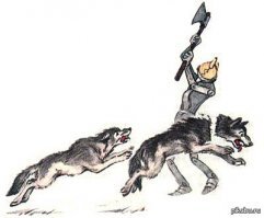 А вы не читали "Волшебник Изумрудного города"? Эпизоды с волками и воронами есть и там. 
И там Железный Дровосек рубит головы волкам своим топором - по одной голове на каждый удар, а страшила Мудрый душит воронов руками...