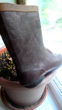 А я вот нашла в сарайчике сапожки в идеальном состоянии, сейчас малая на даче носит. На сапогах очень корявенько изображены СССР, космос, космонавты, США, и ещё куча всякого. Раритет.