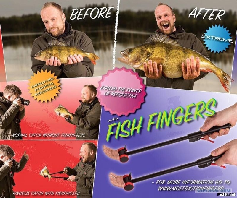 Это вряд ли фотошоп.
Просто парень рыбу на руках к объективу протянул. Известный приём среди рыбаков...