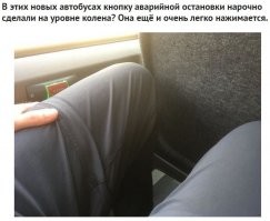 Это не кнопка аварийной остановки, а кнопка пожелания остановки.
В германии, например, что бы автобус остановился на следующей остановке, нужно нажать кнопку, иначе автобус проедет мимо. Соответственно сидя на сидении не нужно никуда тянуться или идти, а просто жмешь кнопку.