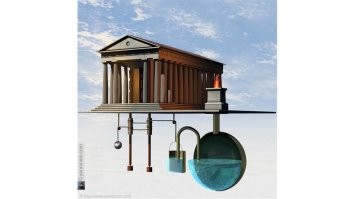 Механизм по продаже "святой воды" Герона Александрийского (II век д.н.э).  Прихожане бросали в сосуд 5 драхм и получали порцию "святой воды", принимая это как чудесное знамение...
Поскольку благосостояние жрецов того или иного храма прямо зависело от количества прихожан, жрецы старались завлечь их туда чудесами. Одним из "божественных чудес" стал разработанный Героном механизм, который открывал двери в храм при разжигании огня на алтаре. Когда огонь гас, то двери "чудесным" образом закрывались.
С тех пор, изменились только технологии...