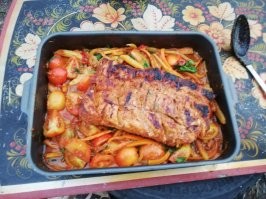 В общем получилось очень хорошо. Кусок около 2-х кг, запекал 70 минут, сока очень много было. Но морковку надо резать меньше, не пропеклась, немного похрустывала. В целом очень хорошо получилось и очень вкусно. Обязательно буду делать еще и не раз )). Извиняюсь за качество фото, руки видать корявые)).