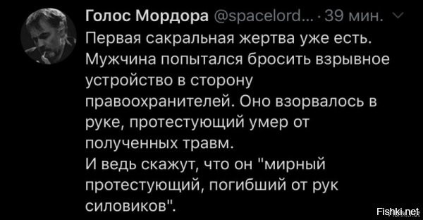 Ну, так про жертву мозговой дисфункции, сорвавшегося с милицейского грузовика, уже так и пишут, что его дубинками избивали... Всем нужна своя сотня сакральных жертв.

НО! Меня больше позабавил случай с бухим чуваком, который прыгал на крыше станции метро, пока толпа разогревалась в ожидании ОМОНа.
Потом эта придурь упала с крыши на асфальт. Подбежали сподвижники оказать помощь, перекрестить перед уходом... (милиция ещё не успела приехать), а этот болезный голосит:
  – Милиция, избила! Меня милиция порезала!

Неужели в их методичках по революциям (я, просто, не читал) написано одно и то же, что в революционеры надо набирать придурков, умалишённых, люмпенов и порочных людей, готовых и за сотку рублей пойти говорить что угодно?