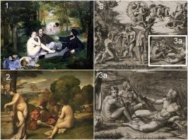 Неплохо бы было вставить в пост изображения картин , которыми вдохновился Мане :

2. «Пасторальный концерт», («Сельский концерт») Джорджоне . 3. Гравюра Маркантонио Раймонди «Суд Париса» по утраченному оригиналу Рафаэля Санти. 3а. Фрагмент гравюры «Суд Париса».