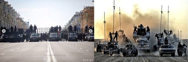 Кадр из Минска и кадр из фильма "Безумный Макс".  Там такой щит пригодится...