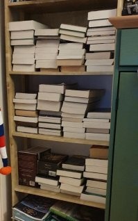 "Наверное, в такой расстановке книг есть определенная логика, только понять её не получается"

Так больше помещается при таких высоких полках. Расставляя по "нормальной" логике в полку войдут примерно две стопки из четырех