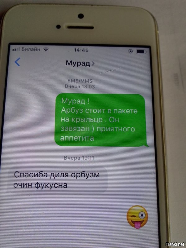 Вчерашняя история
Купила большой  арбуз-чувствую,не съем
Пока свежий отдаю таджикам 
Переписка на картинке 
И людям хорошо ,и я улыбнулась