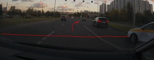 Обязывает остановиться, но при необходимости. Таксист воспользовался сплошной как стеной.
Сплошная заканчивается за перекрёстком - ещё раз, слишком длинная сплошная, она отделяет полосы на второстепенной дороге и не должна заходить за пределы перекрёстка. Знак "уступи дорогу" действует на пересечение а не за ним.
1.7 обозначает полосы движения в пределах перекрестка (красной линией пометил), а сплошная идет дальше за перекрёстком. Стрелкой пометил место и направление перестроения рега.