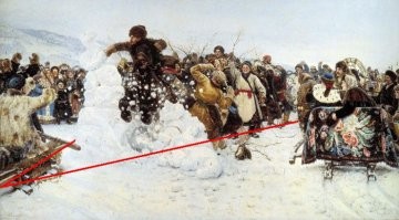 Автор пишет, что главное в картине - сюжет. Не согласен.
Сюжет играет главную роль в каком-нибудь романе или рассказе. А в живописи важно другое - композиция и колорит. К примеру, мало кто может точно описать библейский сюжет картины "Возвращение блудного сына", но тщательно выписанная Рембрандтом пятка бродяги, странно сочетающаяся с его бритым затылком, завораживает всех.   
Встретил интересную информацию про композицию в картинах Сурикова. Оказывается психологи обнаружили четыре основных вида диагональных направлений в его произведениях:
1. Слева направо в глубину от зрителя (диагональ победы).
2. Справа налево в глубину (диагональ поражения)
3. Справа налево из глубины на зрителя (диагональ входа)
4. Слева направо из глубины или вниз (демонстрационная диагональ).
В "Боярыне Морозовой" реализована "диагональ № 2". Контраст мощного воздействия боярыни на народ с общей "пораженческой" композицией картины и рождает у зрителя ощущение трагической безысходности.