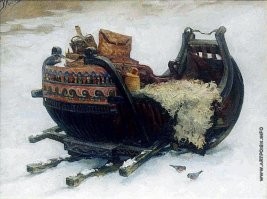 Намедни был в Кремле, в Оружейной палате. Там выставлен зимний возок императрицы Екатерины Алексеевны. Судя по оглоблям - тоже под одну лошадь. По сравнению с ним розвальни боярыни - детские санки! Одной конячки, видимо, вполне достаточно для преодоления трения скольжения. Даже наоборот, чем тяжелее сани, тем большее удельное давление полозья оказывают на снег, превращая его в тончайший слой воды, по каковому слою саночки и скользят беспрепятственно. 
Такого добра в Петербурге во времена Сурикова было навалом, явно писал с натуры. Конструкция проверенная веками.