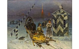 Намедни был в Кремле, в Оружейной палате. Там выставлен зимний возок императрицы Екатерины Алексеевны. Судя по оглоблям - тоже под одну лошадь. По сравнению с ним розвальни боярыни - детские санки! Одной конячки, видимо, вполне достаточно для преодоления трения скольжения. Даже наоборот, чем тяжелее сани, тем большее удельное давление полозья оказывают на снег, превращая его в тончайший слой воды, по каковому слою саночки и скользят беспрепятственно. 
Такого добра в Петербурге во времена Сурикова было навалом, явно писал с натуры. Конструкция проверенная веками.