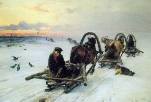 Намедни был в Кремле, в Оружейной палате. Там выставлен зимний возок императрицы Екатерины Алексеевны. Судя по оглоблям - тоже под одну лошадь. По сравнению с ним розвальни боярыни - детские санки! Одной конячки, видимо, вполне достаточно для преодоления трения скольжения. Даже наоборот, чем тяжелее сани, тем большее удельное давление полозья оказывают на снег, превращая его в тончайший слой воды, по каковому слою саночки и скользят беспрепятственно. 
Такого добра в Петербурге во времена Сурикова было навалом, явно писал с натуры. Конструкция проверенная веками.