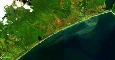 Со ссылкой на Greenpease в соцсетях распространяют космический снимок европейского спутника Sentinel 2, где виден выброс из реки Налычева, как раз в районе пострадавшего пляжа.
Официальной версии пока нет, но предполагают  что зацвели водоросли))