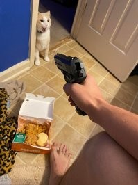 Чувак чегото забористого принял раз сидя на унитазе жрёт фастфуд и угрожает котейке пистолетом.