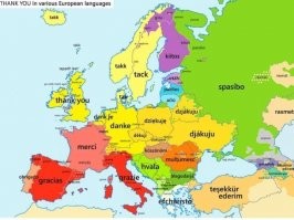 Вообще-то аналог всем приведенным словам на карте в русском "Благодарю", в других славянских странах даже прямо подобное слово.