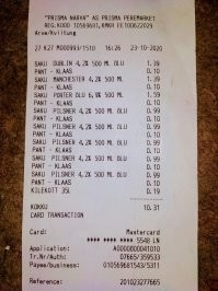 О, кстати, как раз сейчас пью пиво и нашел чек. Посмотрите сами. В основном там дешевое пиво, купленное со скидкой. 10 центов - это тара, пробивается отдельно.