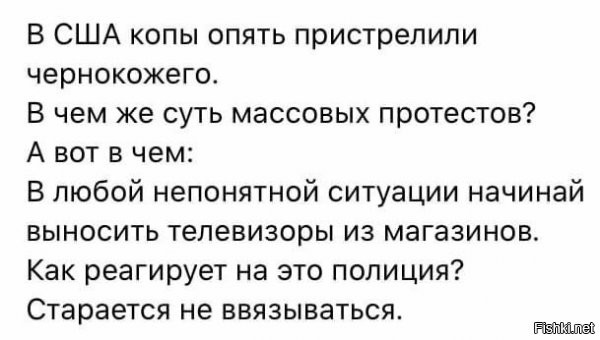 Я понял, что происходит в США.
Полиция мочит не нужного негра.
Негры начинают мородерствовать.
Полиция не вмешивается.
Потом делят выручку пополам.
Профит.