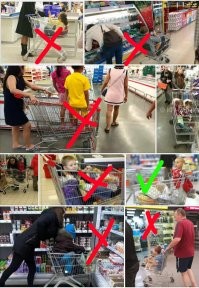 Штрафовать за такое нещадно! 
Ещё за детей с ногами в тележке. 
Туда люди продукты складывают, а они грязь с улицы размазывают! 

Для совсем маленьких детей, есть специальная откидная "скамеечка". 
Постарше - "пешком постоят".