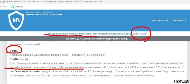 Какой из? Всё вываливать не буду. Но из недавних: Шел 19 год... самая ржака произошла на почве проталкивания закона "Домашнего насилия". Некая Оксана Пушкина, даже изрыгнула цифру в 14 тысяч убитыми жертв от рук мужей(сожителей). Меня, как человека, немного измазанного в теме силовых структур, чуть защиту картера не сорвало, ибо всего и вся у нас в стране гибнет в районе 8 тысяч человек, а тут выходит, что злые русские мужики, еще из-за границы девушек нелегально вывозят и убивают тысячами. (ну или как то так)

Немного вникнув в тему, меня неоднократно пытались убить через интернет, потому что, я как и власти, "реальную" статистику скрываю. (что опять же говорит о вменяемости и адекватности этого движения) А я лишь пытался донести в массы, некорректность данного утверждения и что закон в принципе, не планирует работать, как этого хотят свидетели "Пони и Радуги". (Ну еще я скидывал статистику МВД, в которой говорится, что это жены убивают своих мужей в 2.5 раз чаще....как бЭ, неудобненько получается)

И чем больше я возюкался, тем больше грязи получал. Дошло до того, что я ради прикола зашел на первый сайт который мне выдал по запросу "Центр домашнего насилия" - и я дико проорал с того, что в разделе "мифы и реальность", там затирают такую же дичь про 12-14 погибших женщин в России. Тут мне стало ясно, что это банальное лобби заинтересованных людей. И неокрепшие женские умы, промываются кем нужно в сторону того что, мужчина прежде всего убийца и насильник.

(Видать, после скандальчика, когда это утверждение разнесли в пух и прах, им по жопе тоже надавали, но интернет всё помнит, и декабрьская версия сайта- всё так же отображает суть) 

И прошу заметить, мне мозги компостировали именно феминистки, потому что неизменно всё сваливалось в смежные темы и равноправие и прочую лабуду, а следовательно и в оскорбления, потому что у нас и так права равные, но кому то хочется ровнее.