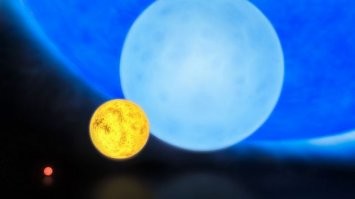 Самая яркая звезда во Вселенной
Самая яркая звезда во Вселенной - это звезда R136a1. Звезда находится в скоплении R136, расположеном в туманности "Тарантул", которая также известна под номером NGC 2070.

R136a1 - это настоящий великан среди звёзд. Она относится к редкому классу голубых гипергигантов.

 Красная точка - это звезда класса "красный карлик". Жёлтый кружок - наше Солнце. Голубой - "голубой карлик". А на заднем фоне - часть круга звезды R136a1.

Радиус этой звезды равен 36 радиусам нашего Солнца.
Масса R136a1 - 265 масс Солнца.
Видимая звёздная величина самой яркой звезды во Вселенной равна 12,77m, а абсолютная звёздная величина этого гиганта равна -12,5m.

Ну и наконец светимость звезды R136a1 - она равна светимости 8 700 000 Солц!

Кстати, эта самая яркая звезда на нашем небосклоне по размерам всё-же уступает самой большой из известных звёзд - звезде UY Щита.