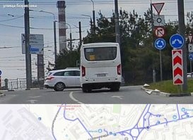 Вот еще севастопольская "шуточка". Попробуйте въехать на кольцо, не нарушив требования знаков :) Кстати, ГОСТ Р 52289-2004 запрещает устанавливать более 3 знаков на одной опоре, потому, что 4 и более знаков одновременно не воспринимаются водителями.