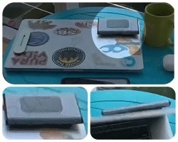 Магнитный держател, это конечно да. 
А вот что у него за "коробочка" приклеена к монитору? 

Доп АКБ? Чехол? Внешний диск?