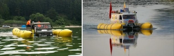 Матраса мало. 
Машина с барахлом, тонны две, считай. 
Значит, что бы не утонуло, надо пару кубов воздуха под водой. 
А что бы "плыло", так: