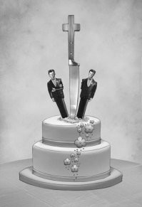 Эту философскую картинку надо переиначить. От жениха отрезают невесту ножом с радужной ручкой. Так будет точнее.