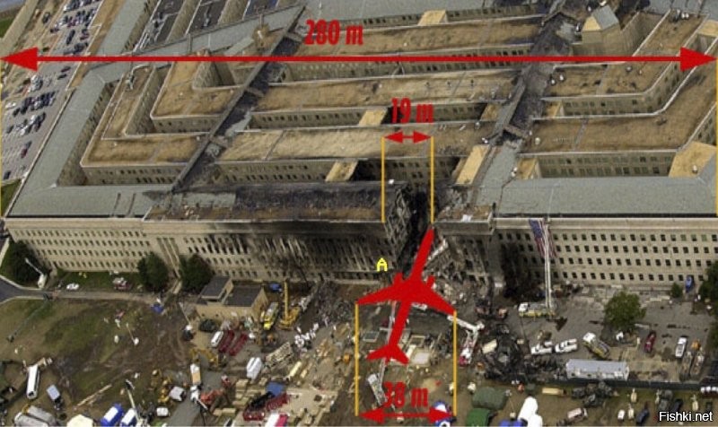 Там и с боингом, якобы врезавшимся в Пентагон, та ещё клоунада.  

Не бьётся ничего. Ни размеры самолёта и здания, ни отсутствие крупных обломков самолёта, точно наведённого на цель пилотом, едва закончившим курсы на крошечной Цесне.