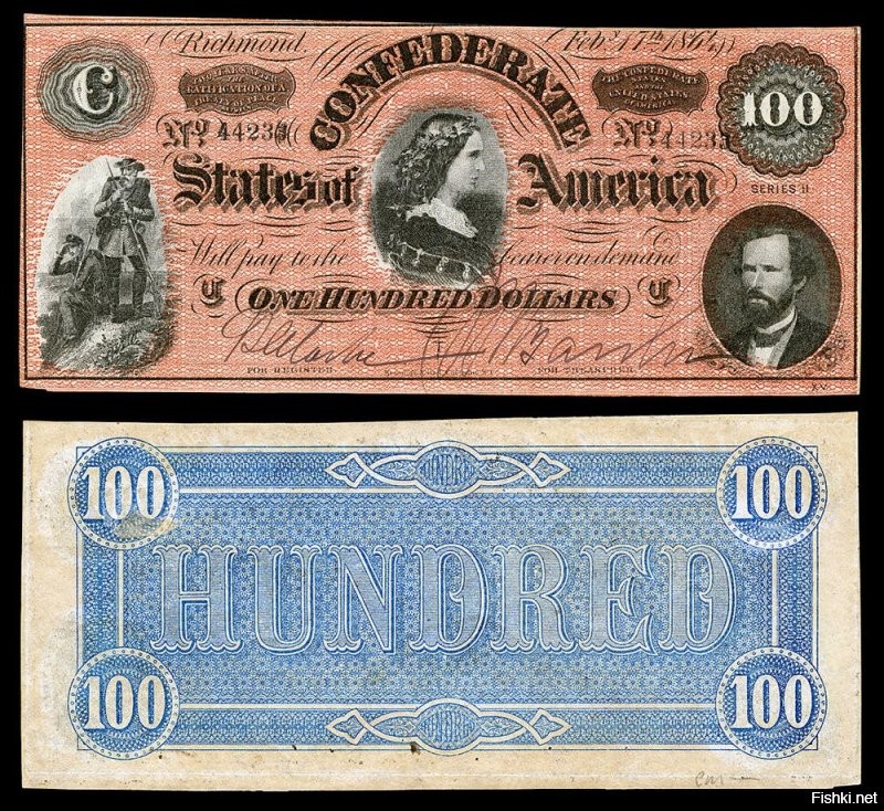10. Первая женщина на банкнотах в США - Люси Пикенс. 
Банкнота конфедерации 1862 г.