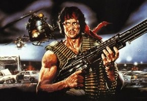 Начало девяностых, Крым, пос. Красногвардейское, больше известный как Курман, местный кинотеатр. На экране "Рэмбо - первая кровь", а перед входом висит здоровенная афиша -- рисованная копия всем известной официальной, только главный герой изображён на ней в виде революционного матроса. Бушлат с пулемётными лентами, на голове бескозырка, в руках трёхлинейка. На заднем плане аэропланы вместо вертолётов и броневички вместо полицейских машин. 
Не знаю, местный художник сам это придумал или откуда срисовал, но народ ржал до икоты.