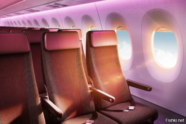 Про цвет сидений - хрень.
Синий чаще встречается потому, что на Боингах, самых распространённых гражданских авиалайнеров, работает лизайнер, которому нравится такой цвет. 
На самом деле салоны самолётов бывают различных цветов. Не только синих, но и:

Белых:




Серо-розовых:


Чёрно-красных:


И даже... Вот таких:


И ещё хотелось бы знать, с каким чувством аэрофобов ассоциируется вот такая расцветка?


-------------

"Любопытные пассажиры интересуются, почему категорически нельзя сажать самолет с полным баком, что может случиться? Дело в том, что вес самолета очень важен при взлете и посадке". 

Подобный ответ "любопытным" равнозначен ответу "потому что". Если уж самолёт взлетел, то сесть с полупустыми баками (А именно только такими они могут быть после нескольких часов полёта. В любом случае топлива там будет меньше, чем было при взлёте) он сможет однозначно. Бензин дожигают или сбрасывают (кстати, это случается далеко не всегда) для того, чтобы, в случае аварии, он не спалил всё к чёртовой матери от малейшей искры. Вес самолёта тут ни при чём.