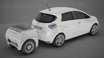 Французская компания EP Tender разработала двухколесный прицеп с портативным двигателем внутреннего сгорания для зарядки электромобиля во время движения.