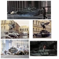 В Ленинграде "GoldenEye " 007 Пирс Броснан. (самого актера я не видел) . Но как танк ездил по площади рядом с "Метрополем" -видел. Заметно было что танк приподняли на каких-то роликах или колесах.