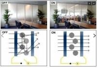 "При пропадании напряжения стекло переходит в прозрачное состояние."


Картинка говорит об обратном. При "пропадании" напряжения, то бишь при его  отсутствии, стекло становится непрозрачным.