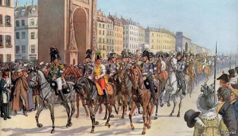 30 марта 1814 года русские войска вошли в Париж. "Варвары с Востока" в отличие от "просвещенных европейцев" не стали жечь и грабить столицу Франции. Впрочем, некоторый ущерб все же был нанесен - казаки, развлекая себя рыбной ловлей, выловили в парижских прудах всех карпов.