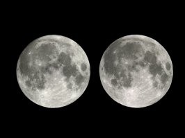 Ну раскрасил...
А вот человек сделал стереопару за счет либрации. Вычислил одинаковые фазы в крайних точках, причем по долготе ("размах" около 8 градусов, есть возможность по широте, с "размахом" около 7, т.е. можно увидеть оба полюса). 
Подождал, скорее всего, не один месяц между подходящими видами.

PS фото перекрестное, можно смотреть "безничего" (кто не умеет, смотрите на экран посередке между "лунами", расположите указательный палец так, чтобы его кончик был по центрам обоих лун, переведите взгляд на кончик пальца, в этот момент Лун станет ТРИ, два по бокам и объемное по центру. Попробуйте убрать палец и перевести фокусировку на 3D Луну, или попробуйте перефокусироваться не убирая, кому как проще).