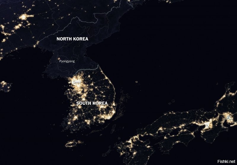 Ну и? Вот снимок из космоса Северной и Южной Кореи. Сверху север, а снизу юг. Южная вся блестит и сверкает и видно, что люди живут, а в северной темно, как у негра в жопе.  Для меня этого достаточно чтобы понять, что там обычный коммунистический адок.