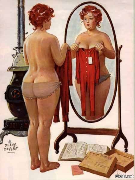 На оригинальной картинке Пышка Хильда промахнулась в размере, заказывая новую пижамку по почтовому каталогу (аналог Алиэкспресса 60-х годов)
