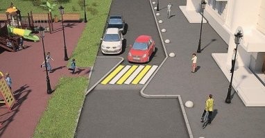 Проектировщики не предусмотрели ничего.
Минимум площадку следовало огородить со стороны проезжей части плюс проезжую часть следует делать не прямой.
Ну и конечно парковку сделать отдельно от детской площадки, даже банально перенести ее на другую сторону, плюс вдоль площадки вообще убрать парковку за счет сужения проезжей части.