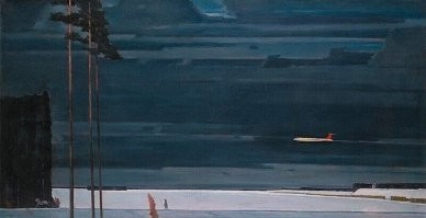 вот эта картина "Над снегами" на меня всегда зловещее впечатление производила. 
Три сосны на переднем плане такой формы могут вырасти только в бору. На воле они будут кривыми и раскидистыми. Значит здесь вырубленный бор. 
Заснеженная дорога, по которой едут сани и человек за ними. Наверняка дорога в снег одна, значит они на одном плане нарисованы, а одинокий человек гораздо больше лошади. Сани, запряженные лошадью, должны двигаться гораздо быстрее пешехода. Получается, они его обогнали? Нет. Одинокого путника зимой в поле  наверняка подобрали бы и подвезли. Они удирают от великана. Но тот не бежит, а уверенно шагает за санями, уверенный в успехе погони.
На осветленном варианте картины видны лиственные деревья с желтой листвой. Одно маленькое на переднем плане и в лесу. С таким снежным покровом деревья стоят с листвой. Значит в средней полосе сейчас конец сентября и внезапно наступила зима.
А первый реактивный гражданский самолет как символ стремительного побега из апокалипсиса