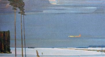 вот эта картина "Над снегами" на меня всегда зловещее впечатление производила. 
Три сосны на переднем плане такой формы могут вырасти только в бору. На воле они будут кривыми и раскидистыми. Значит здесь вырубленный бор. 
Заснеженная дорога, по которой едут сани и человек за ними. Наверняка дорога в снег одна, значит они на одном плане нарисованы, а одинокий человек гораздо больше лошади. Сани, запряженные лошадью, должны двигаться гораздо быстрее пешехода. Получается, они его обогнали? Нет. Одинокого путника зимой в поле  наверняка подобрали бы и подвезли. Они удирают от великана. Но тот не бежит, а уверенно шагает за санями, уверенный в успехе погони.
На осветленном варианте картины видны лиственные деревья с желтой листвой. Одно маленькое на переднем плане и в лесу. С таким снежным покровом деревья стоят с листвой. Значит в средней полосе сейчас конец сентября и внезапно наступила зима.
А первый реактивный гражданский самолет как символ стремительного побега из апокалипсиса