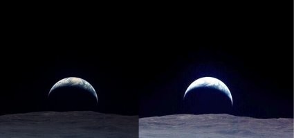 Какой милый фотошоп.  ДАльше ковыряться даже лень.  Если контраст задрать и яркость, на левом фото видно ретуширование, причем корявое достаточно.  А на правом - Земля налетела на лунную ось.    случайно оказавшись перед поверхностью луны.  Кстати тоже криво вырезанной инструментом прямолинейное лассо.