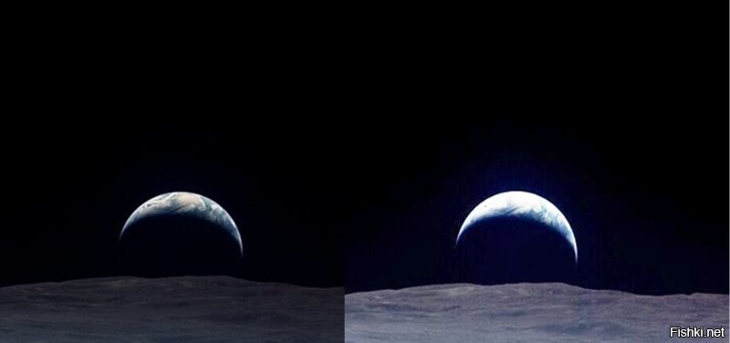 Какой милый фотошоп.  ДАльше ковыряться даже лень.  Если контраст задрать и яркость, на левом фото видно ретуширование, причем корявое достаточно.  А на правом - Земля налетела на лунную ось.    случайно оказавшись перед поверхностью луны.  Кстати тоже криво вырезанной инструментом прямолинейное лассо.